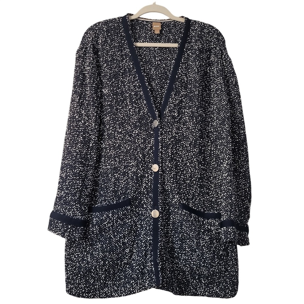 Boss By Hugo Boss Jienna Cotton Blend Bouclé Cardigan Sz 6 Navy Blue Button Fron